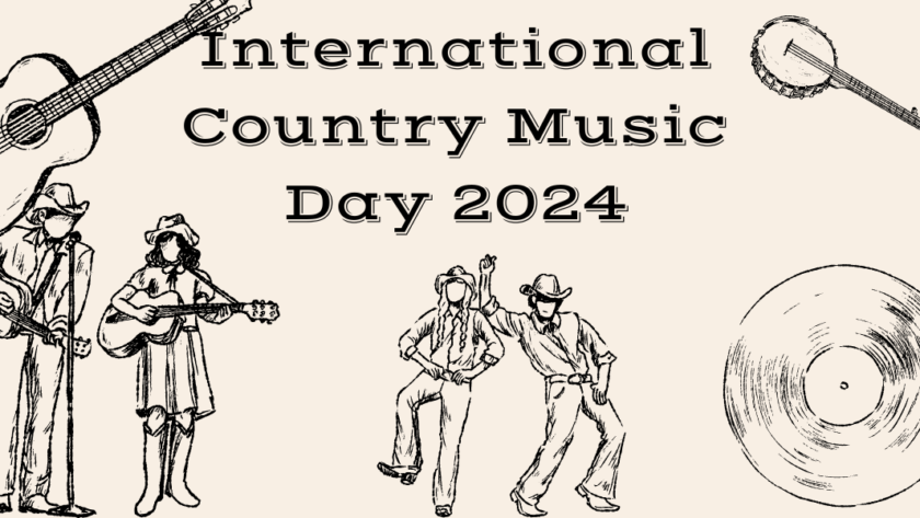 A decorative image w/ sketch renderings in black and white of a dreadnought acoustic guitar in the upper left hand corner, a banjo in the upper right hand corner, a record in the bottom right hand corner, two people dancing dressed as cowboys, a lady with a guitar in a Western-style outfit, and a man with a guitar in a suit and tie, cowboy boots, and a cowboy hat. Text reads "international country music day 2024."