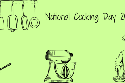 A decorative image with a light green background and black sketch renderings of a hanging pan rack in the upper left hand corner, a stack of 3 pots in the bottom left hand corner, a tilt-head KitchenAid mixer in the bottom middle, and a person in a chef uniform stirring food in a bowl in the bottom right hand corner. Text in handwritten-style font reads National Cooking Day 2024.