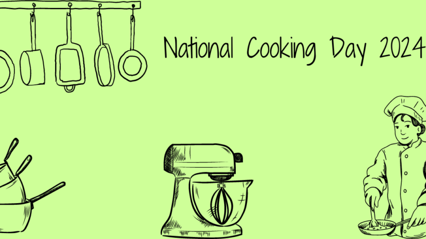 A decorative image with a light green background and black sketch renderings of a hanging pan rack in the upper left hand corner, a stack of 3 pots in the bottom left hand corner, a tilt-head KitchenAid mixer in the bottom middle, and a person in a chef uniform stirring food in a bowl in the bottom right hand corner. Text in handwritten-style font reads National Cooking Day 2024.