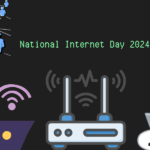 A decorative image w/ a sketch rendering of a network of people in blue in the upper right hand corner, a sketch rendering of a person in front of a laptop computer and a wi-fi signal above it in the bottom left hand corner, a wireless router in the middle, and another person in front of a computer at a table in the bottom right hand corner. In the upper right hand corner is a globe with flags from around the world forming a ring around it. Text reads "National Internet Day 2024."