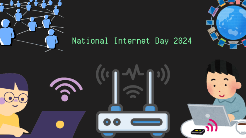 A decorative image w/ a sketch rendering of a network of people in blue in the upper right hand corner, a sketch rendering of a person in front of a laptop computer and a wi-fi signal above it in the bottom left hand corner, a wireless router in the middle, and another person in front of a computer at a table in the bottom right hand corner. In the upper right hand corner is a globe with flags from around the world forming a ring around it. Text reads "National Internet Day 2024."