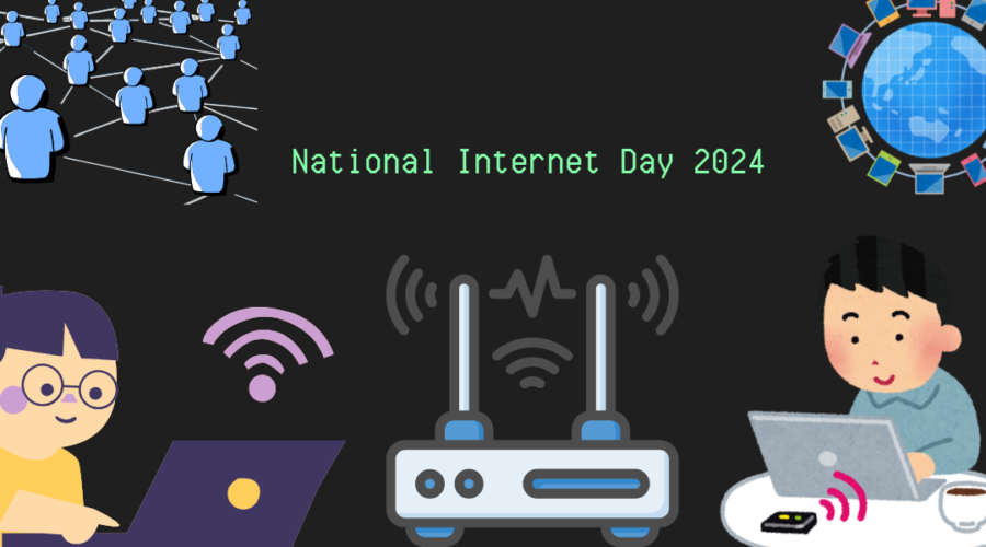 A decorative image w/ a sketch rendering of a network of people in blue in the upper right hand corner, a sketch rendering of a person in front of a laptop computer and a wi-fi signal above it in the bottom left hand corner, a wireless router in the middle, and another person in front of a computer at a table in the bottom right hand corner. In the upper right hand corner is a globe with flags from around the world forming a ring around it. Text reads "National Internet Day 2024."