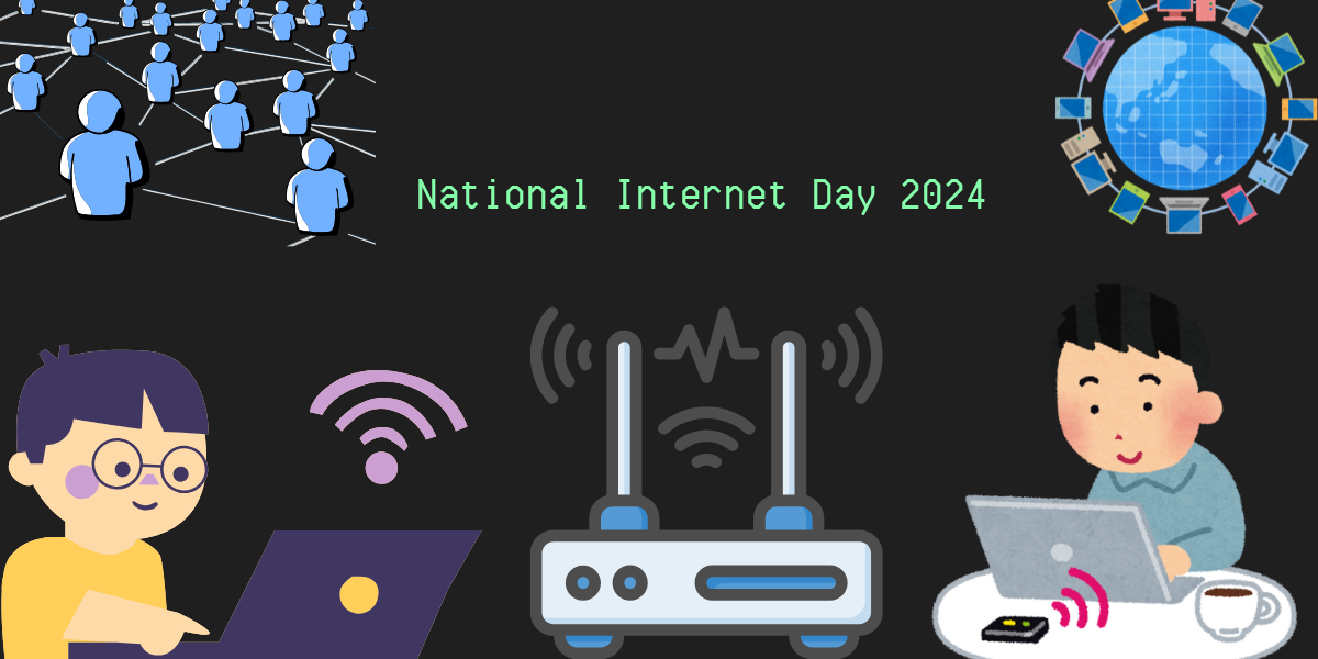 A decorative image w/ a sketch rendering of a network of people in blue in the upper right hand corner, a sketch rendering of a person in front of a laptop computer and a wi-fi signal above it in the bottom left hand corner, a wireless router in the middle, and another person in front of a computer at a table in the bottom right hand corner. In the upper right hand corner is a globe with flags from around the world forming a ring around it. Text reads "National Internet Day 2024."