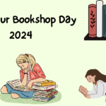 A decorative image with sketch renderings of a stack of books in the bottom right hand corner, two girls on the floor reading in the middle and bottom right hand corner, and a sketch rendering of a bookshelf in the upper right hand corner. Text reads Love Your Bookshop Day 2024.