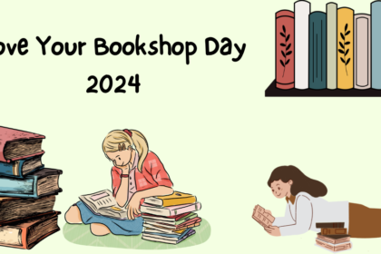 A decorative image with sketch renderings of a stack of books in the bottom right hand corner, two girls on the floor reading in the middle and bottom right hand corner, and a sketch rendering of a bookshelf in the upper right hand corner. Text reads Love Your Bookshop Day 2024.