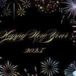 A decorative image w/ a black background, and gold script in the middle that reads "Happy New Year 2025." Sketch renderings in gold, green, red, silver, and blue of fireworks are in the corners and along the edges.