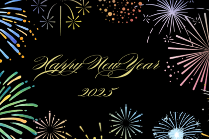 A decorative image w/ a black background, and gold script in the middle that reads "Happy New Year 2025." Sketch renderings in gold, green, red, silver, and blue of fireworks are in the corners and along the edges.