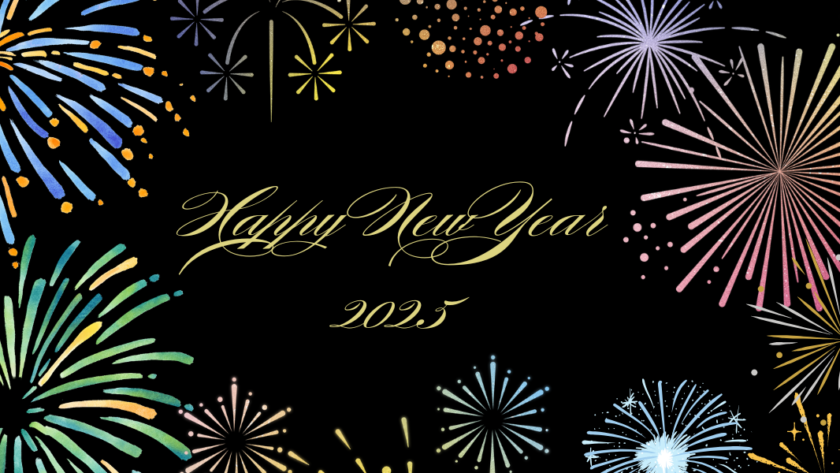 A decorative image w/ a black background, and gold script in the middle that reads "Happy New Year 2025." Sketch renderings in gold, green, red, silver, and blue of fireworks are in the corners and along the edges.