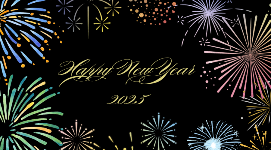 A decorative image w/ a black background, and gold script in the middle that reads "Happy New Year 2025." Sketch renderings in gold, green, red, silver, and blue of fireworks are in the corners and along the edges.