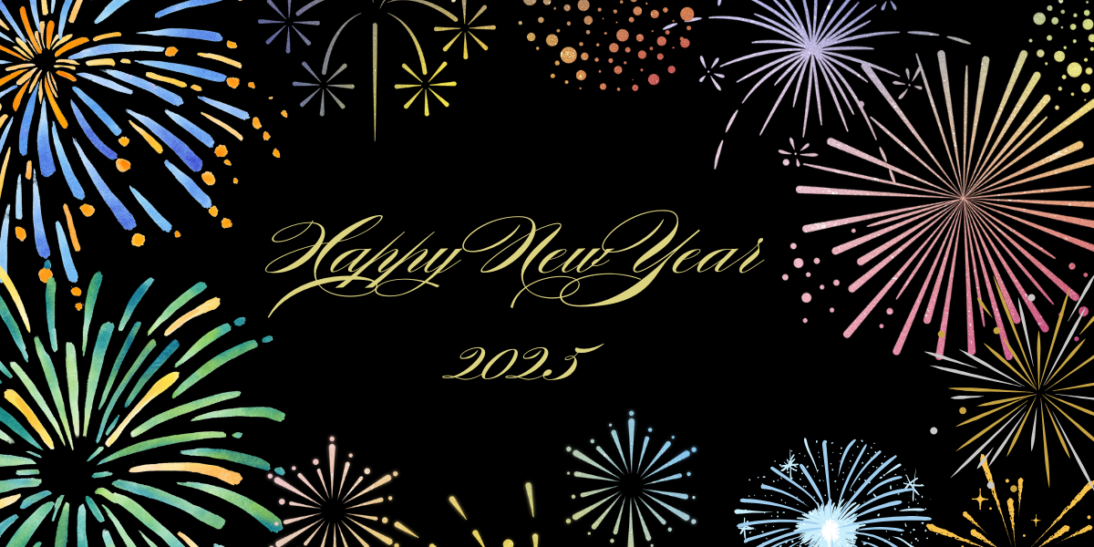 A decorative image w/ a black background, and gold script in the middle that reads "Happy New Year 2025." Sketch renderings in gold, green, red, silver, and blue of fireworks are in the corners and along the edges.