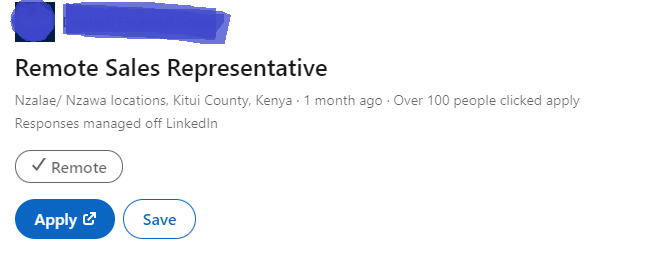 A screenshot of a job posting from LinkedIn by a company calling itself "Deutsch Financial Group," posting an ad for a "remote sales representative. Text reads "Nzalae/Nzawa Locations, Kitui County Kenya. 1 month ago. Over 100 people clicked apply. Responses managed off LinkedIn." Buttons in white and blue indicate that this job is remote, a dark blue Apply button that takes the applicant to the Breezy HR page for Deutsch Financial Group. Deutsch Financial Group is a front for Symmetry Financial, scam jobs and a pyramid scheme. 